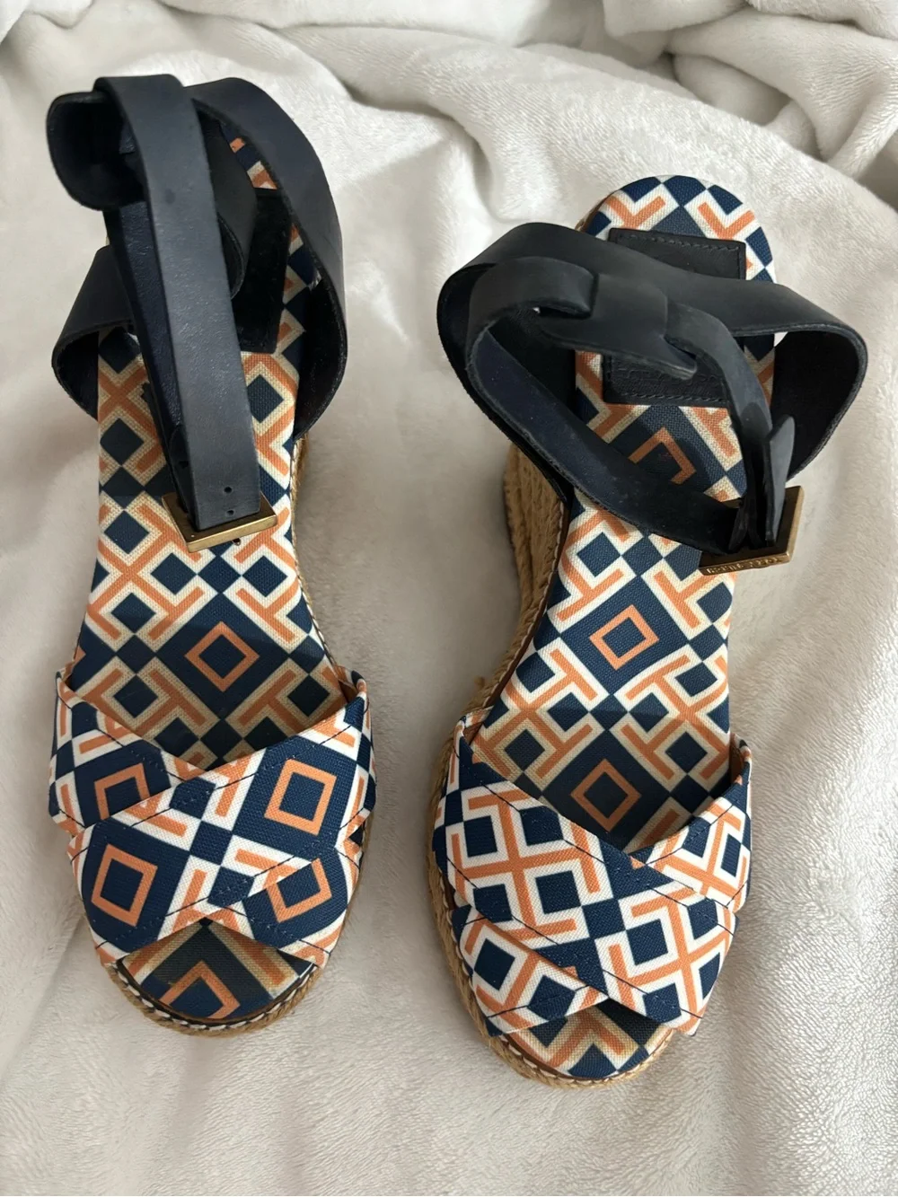 Tory Burch Navy and Tan Geometric Espadrille Wedge Sandals